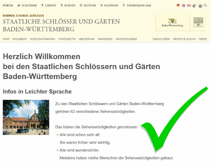 Illustration: Staatliche Schlösser und Gärten Baden-Württemberg, JUNG:Kommunikation GmbH Screenshot Portalseite "Leichte Sprache"