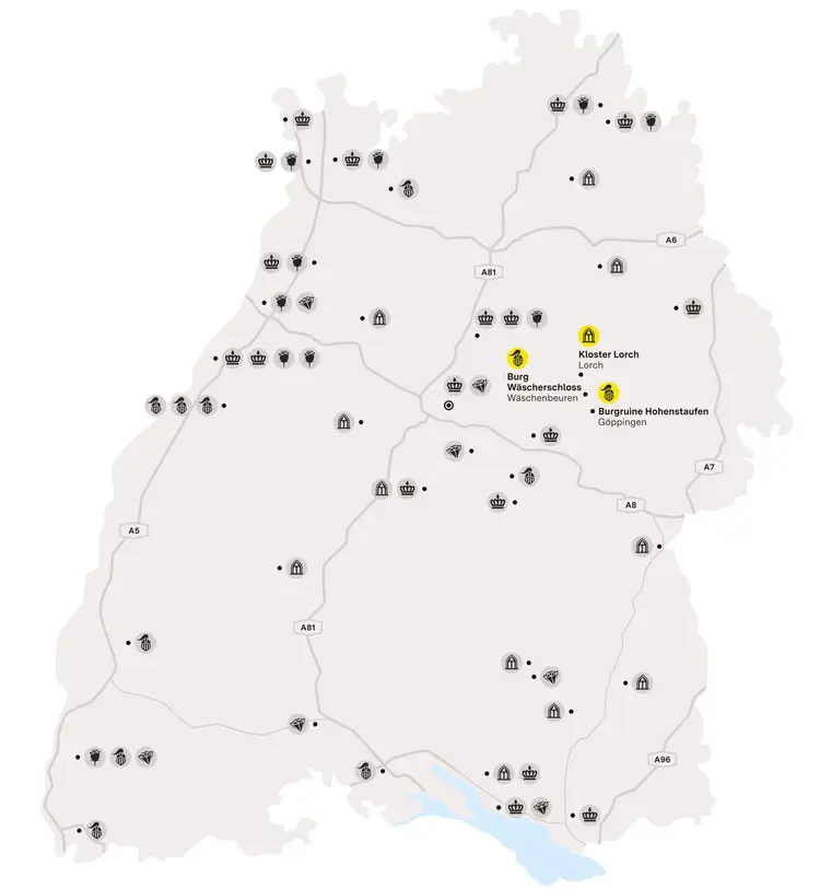 Illustration: Staatliche Schlösser und Gärten Baden-Württemberg, JUNG:Kommunikation GmbH Karte der Region "Sagenumwobenes Stauferland"