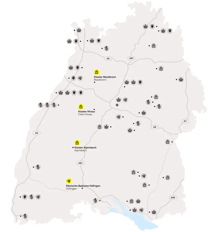 Illustration: Staatliche Schlösser und Gärten Baden-Württemberg, JUNG:Kommunikation GmbH Karte der Region "Mittelalterliches Klosterleben im Schwarzwald"