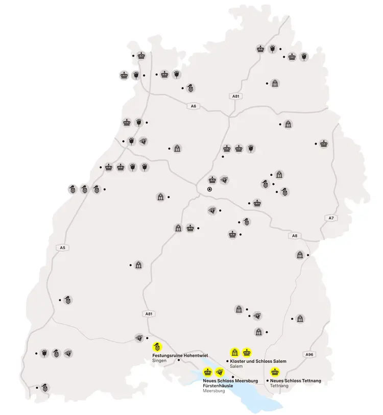 Illustration: Staatliche Schlösser und Gärten Baden-Württemberg, JUNG:Kommunikation GmbH Karte der Region "Glanzvolle Perlen am Bodensee"
