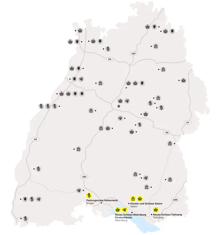 Illustration: Staatliche Schlösser und Gärten Baden-Württemberg, JUNG:Kommunikation GmbH Karte der Region "Glanzvolle Perlen am Bodensee"