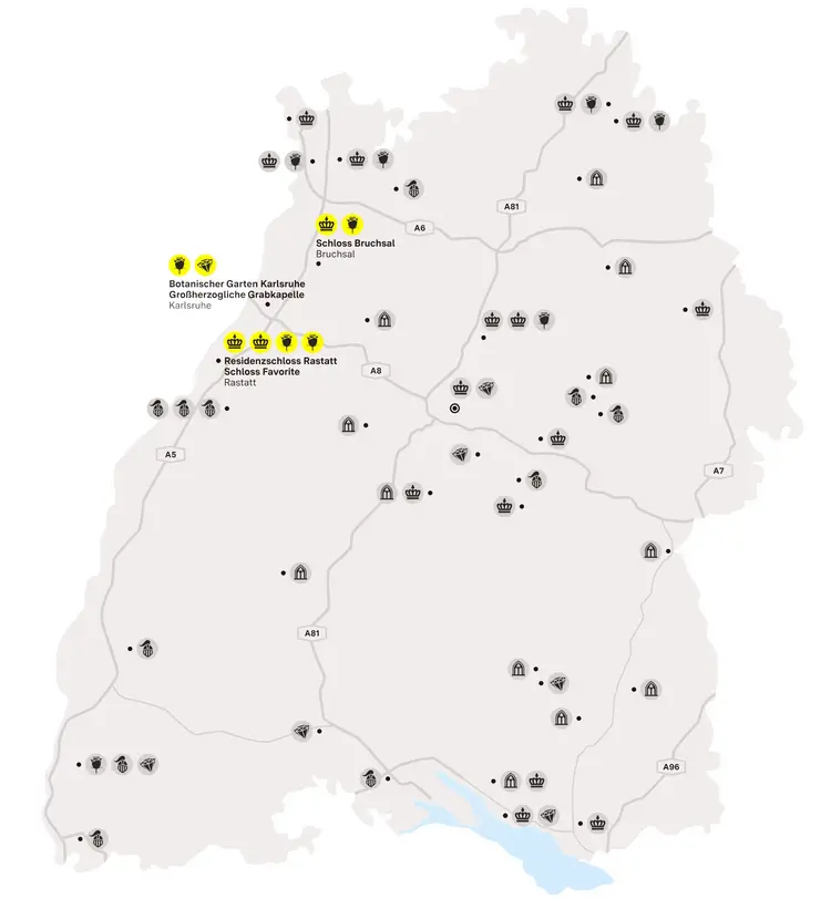 Illustration: Staatliche Schlösser und Gärten Baden-Württemberg, JUNG:Kommunikation GmbH Karte der Region "Prachtvolles rund um die Badenmetropole"